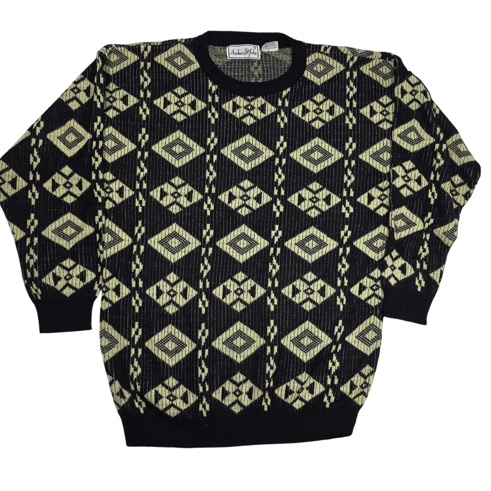 Vintage Andrew St. John Geometric Knit Sweater Black Yellow 1980's Men's Medium‎